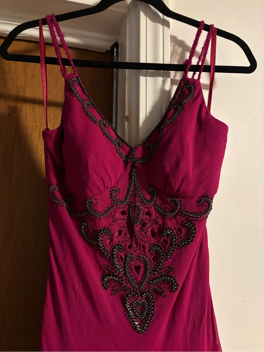 Vintage 1990s Sue Wong Nocturne Magenta Beaded High-Low Spaghetti-Strap Dress - Picture 2 of 9